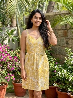 Summertime Sun-Drenched Yellow Floral Linen Mini Dress